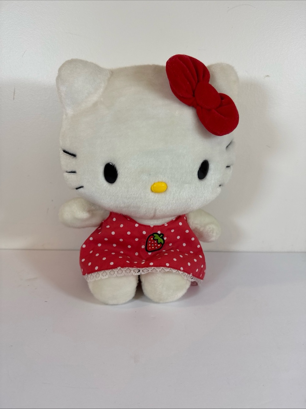 Sanrio Hello Kitty Plush with Red Bow and Strawberry Polka Dot Dress